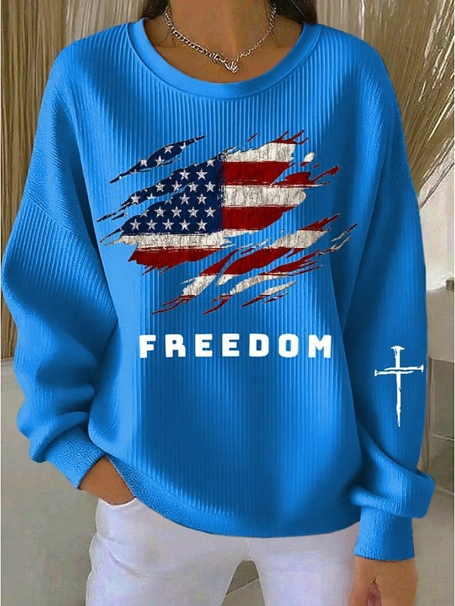 ✨Women’s Casual Crewneck Top American Flag Print Long Sleeve Blouse