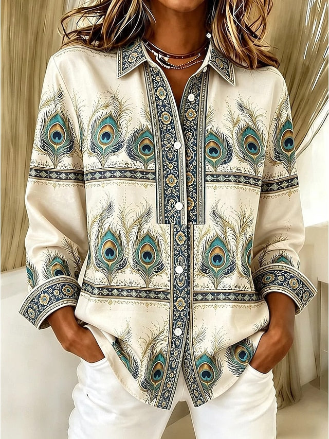 ✨Women’s Casual Peacock Print Shirt Button Front Long Sleeve Blouse
