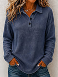 🍂 Women’s Casual Waffle Knit Polo Top Button V-Neck Long Sleeve Blouse