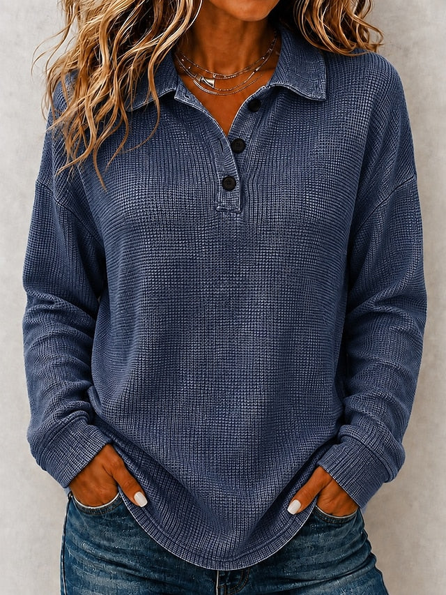 🍂 Women’s Casual Waffle Knit Polo Top Button V-Neck Long Sleeve Blouse