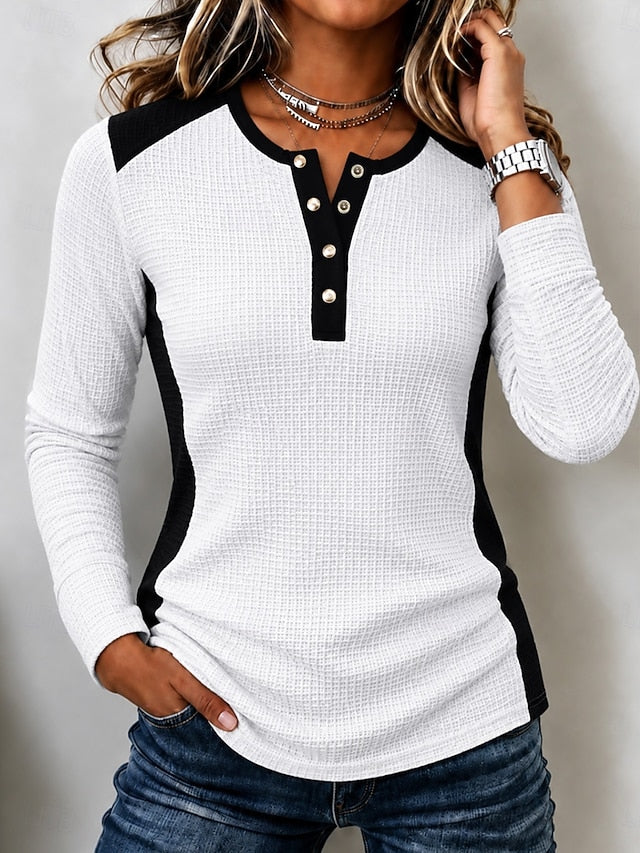 🤍 Women’s Casual Waffle Knit Top Color Block Button Henley Long Sleeve Blouse