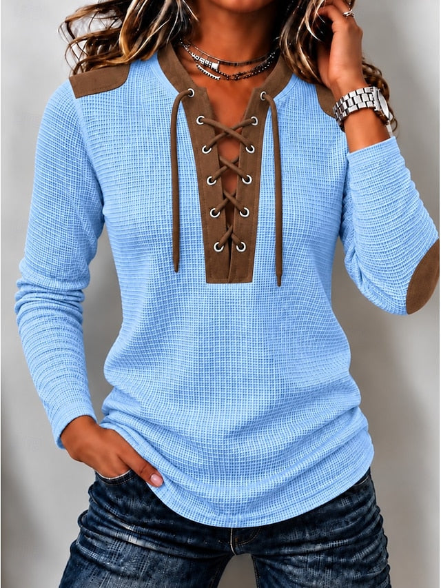 🤎Women’s Casual Waffle Knit Top Contrast Lace-Up V-Neck Long Sleeve Blouse