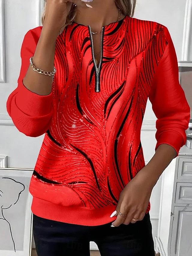 ✨Women’s Casual Top Color Block Print Zip V-Neck Long Sleeve Blouse