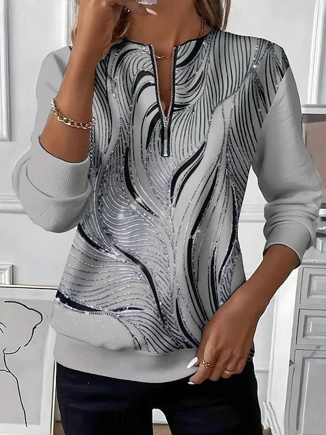 ✨Women’s Casual Top Color Block Print Zip V-Neck Long Sleeve Blouse