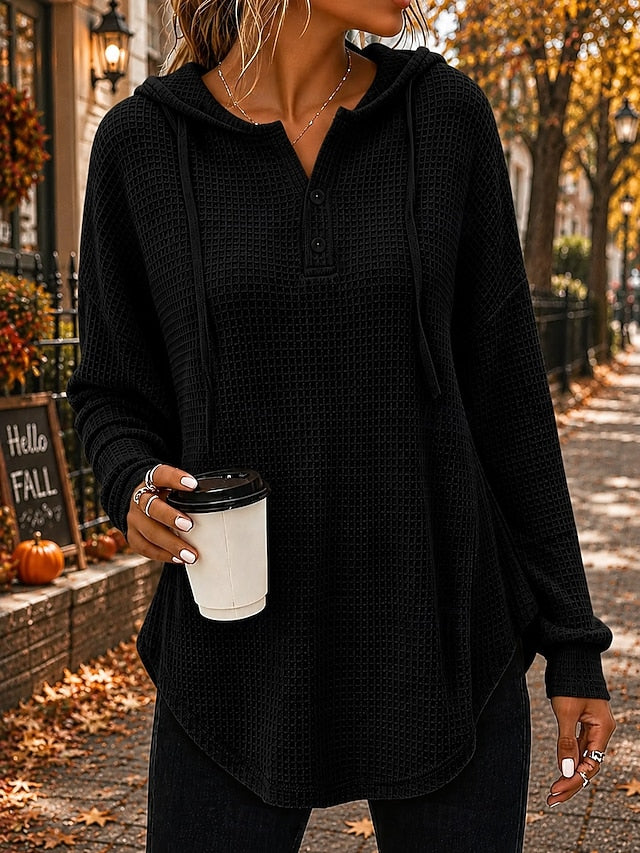 🍁 Women’s Casual Waffle Knit Hoodie Button V-Neck Long Sleeve Top