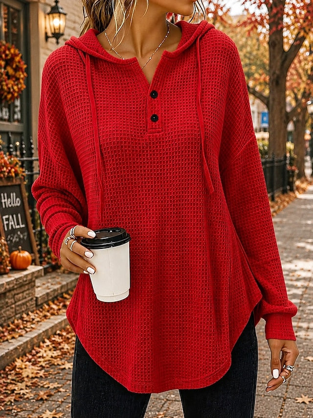 🍁 Women’s Casual Waffle Knit Hoodie Button V-Neck Long Sleeve Top