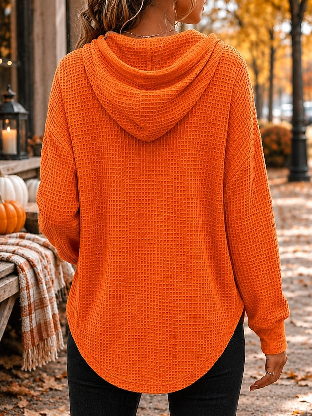 🍁 Women’s Casual Waffle Knit Hoodie Button V-Neck Long Sleeve Top