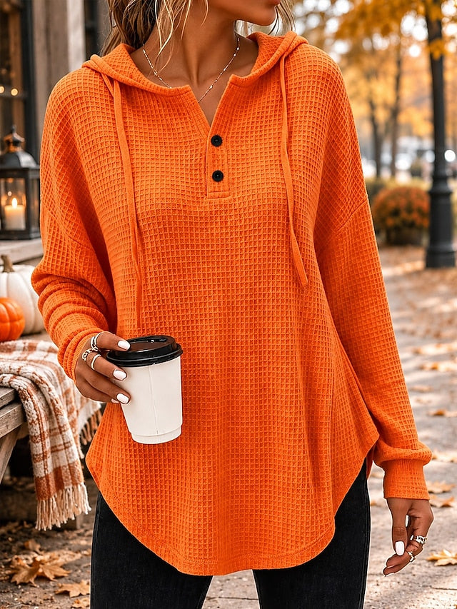 🍁 Women’s Casual Waffle Knit Hoodie Button V-Neck Long Sleeve Top