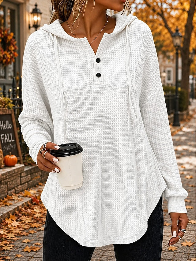 🍁 Women’s Casual Waffle Knit Hoodie Button V-Neck Long Sleeve Top