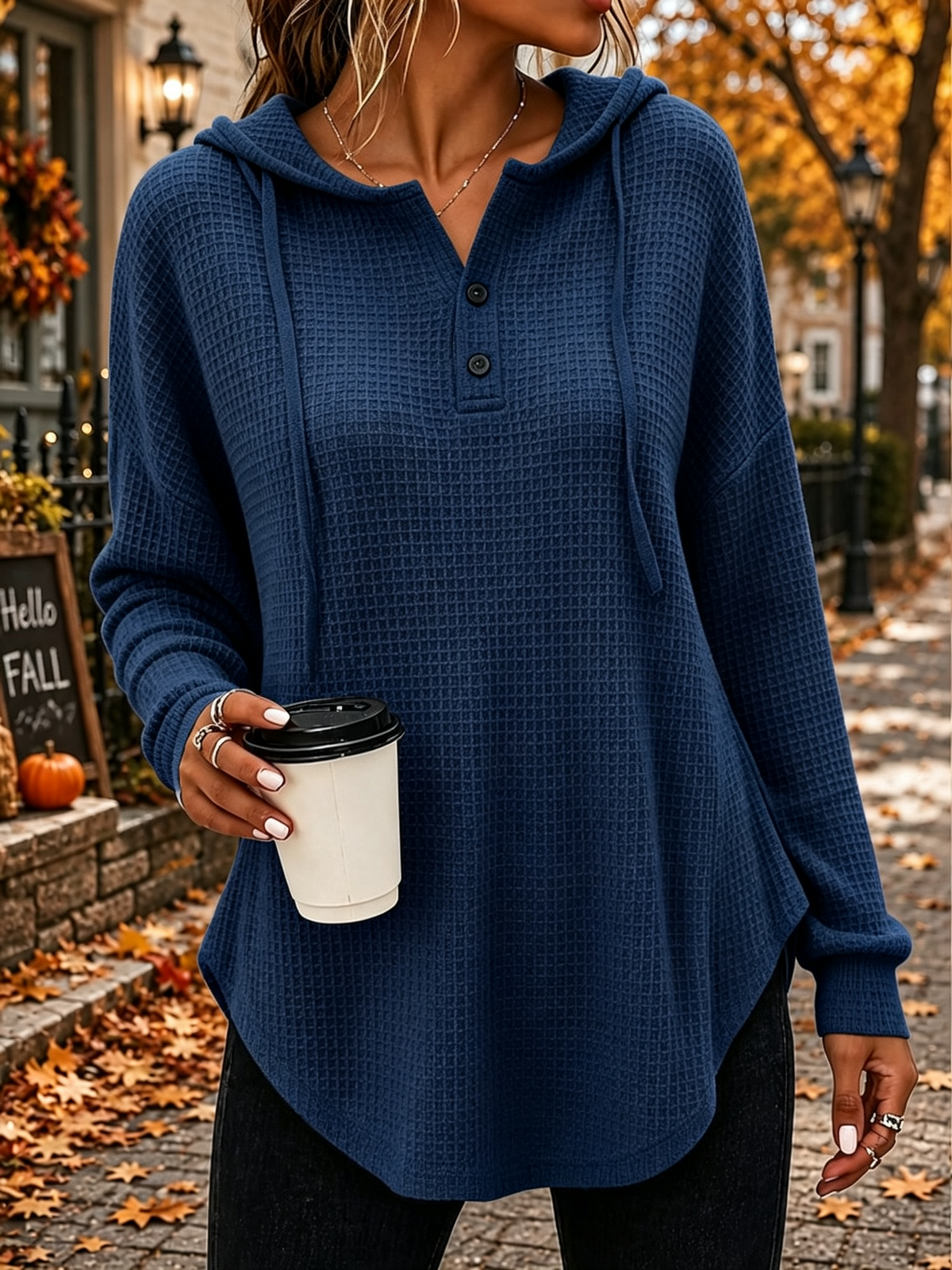 🍁 Women’s Casual Waffle Knit Hoodie Button V-Neck Long Sleeve Top