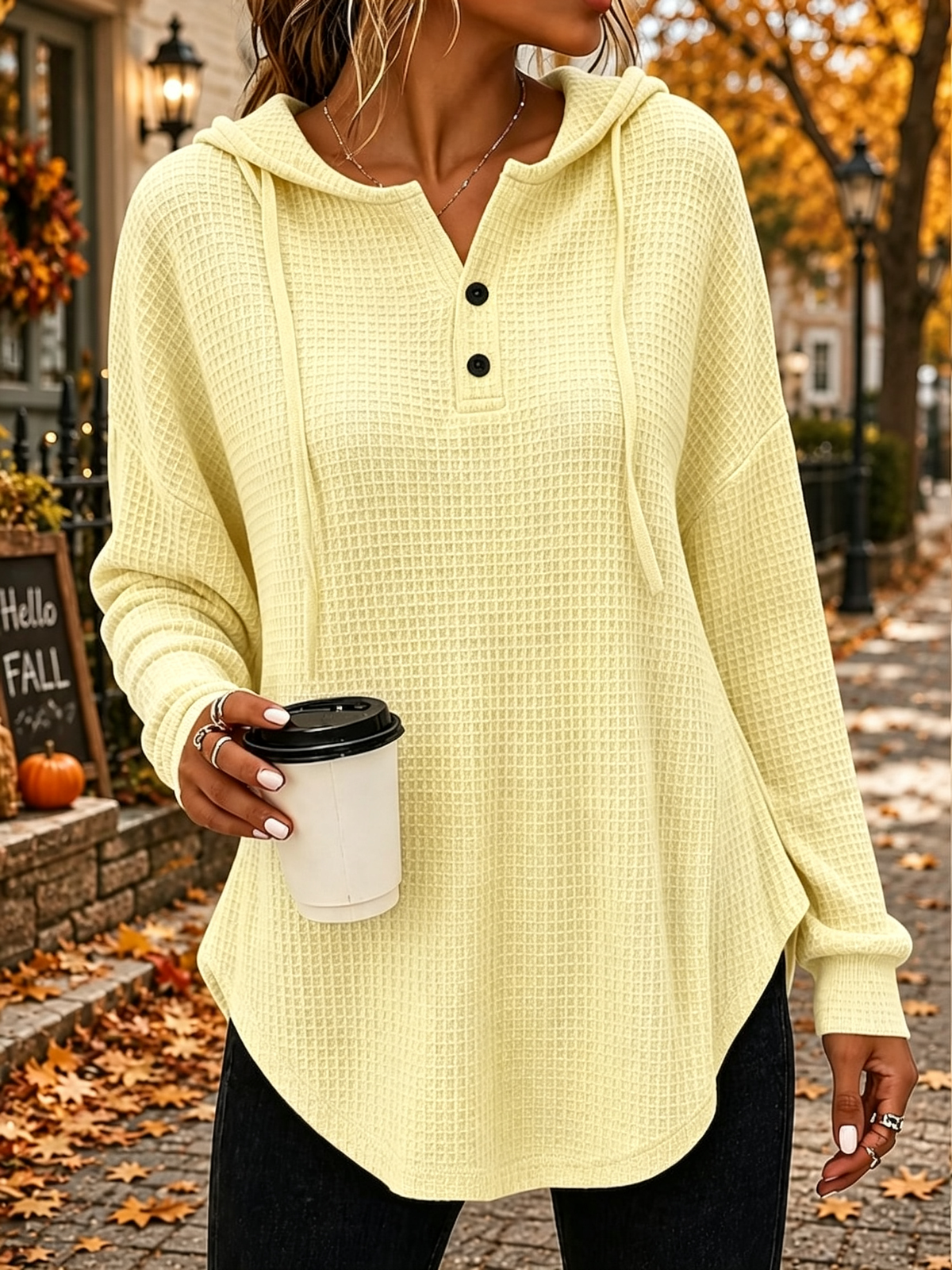 🍁 Women’s Casual Waffle Knit Hoodie Button V-Neck Long Sleeve Top