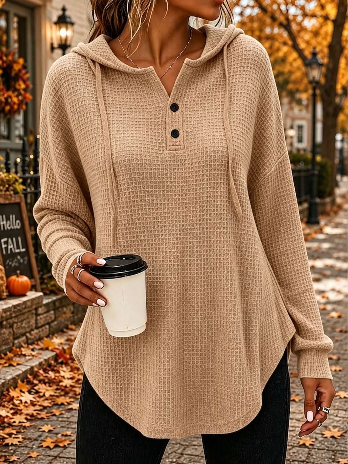 🍁 Women’s Casual Waffle Knit Hoodie Button V-Neck Long Sleeve Top