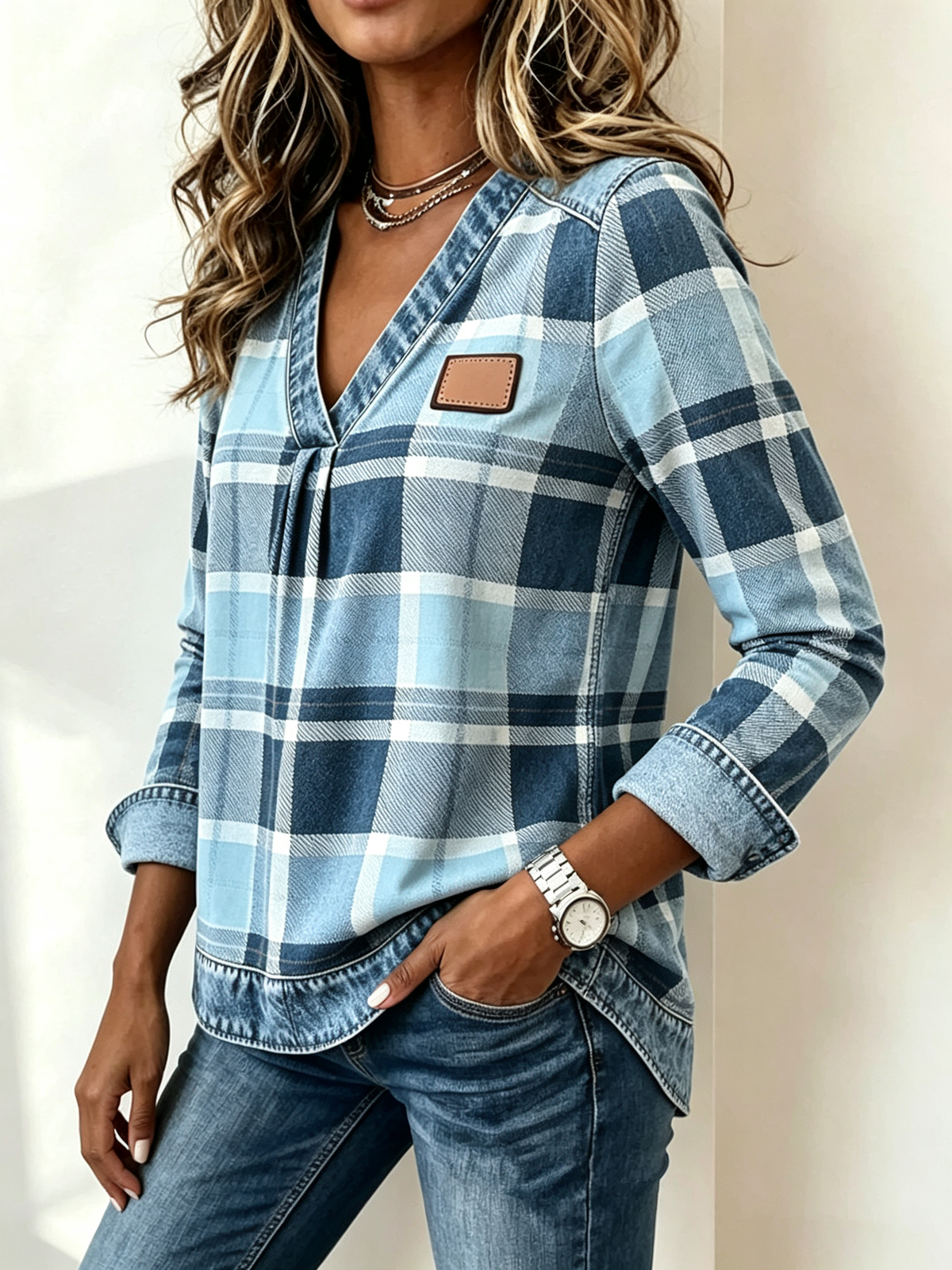🔥 CLEARANCE SALE | ✨Women’s Autumn V-Neck Plaid Top Denim Trim Long Sleeve Casual Blouse