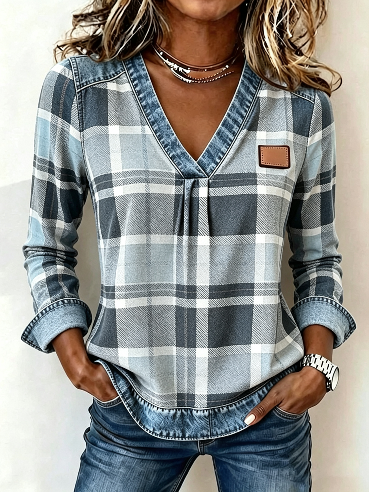 🔥 CLEARANCE SALE | ✨Women’s Autumn V-Neck Plaid Top Denim Trim Long Sleeve Casual Blouse