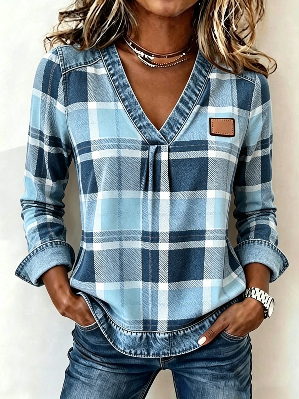 🔥 CLEARANCE SALE | ✨Women’s Autumn V-Neck Plaid Top Denim Trim Long Sleeve Casual Blouse