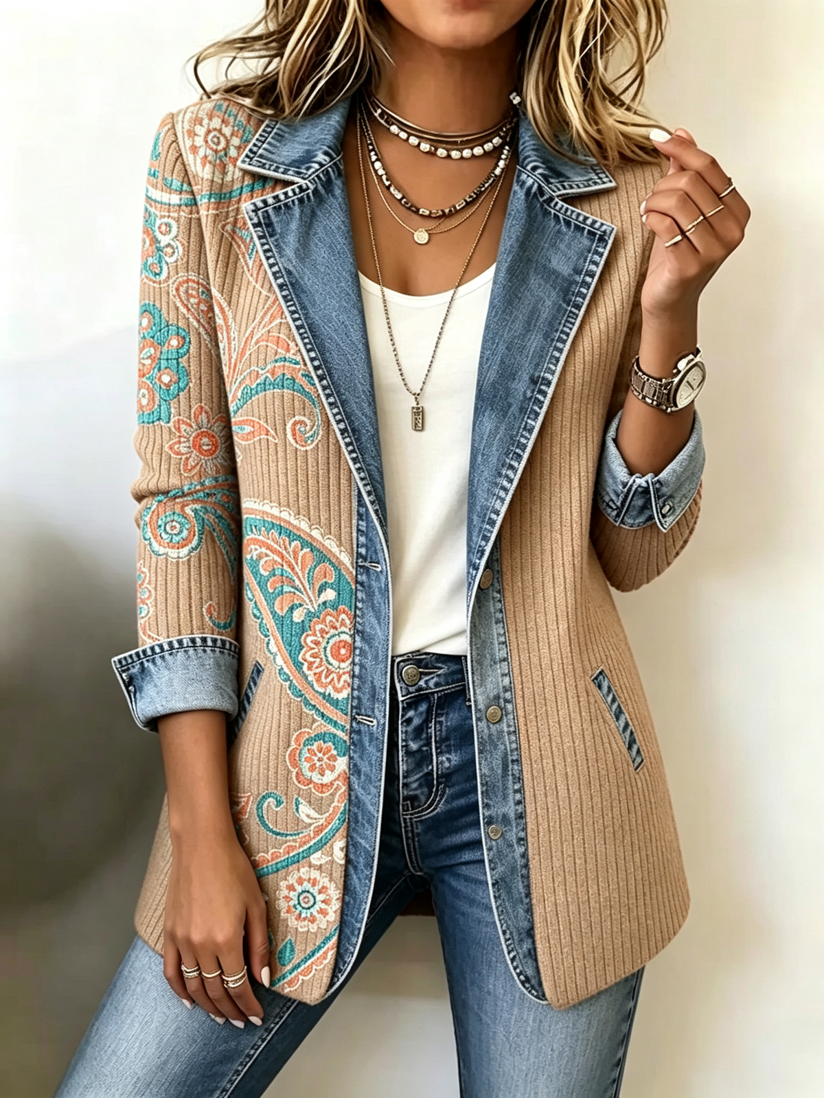 🍁 Women’s Autumn Casual Knit Jacket Paisley Print Denim Trim Blazer Coat