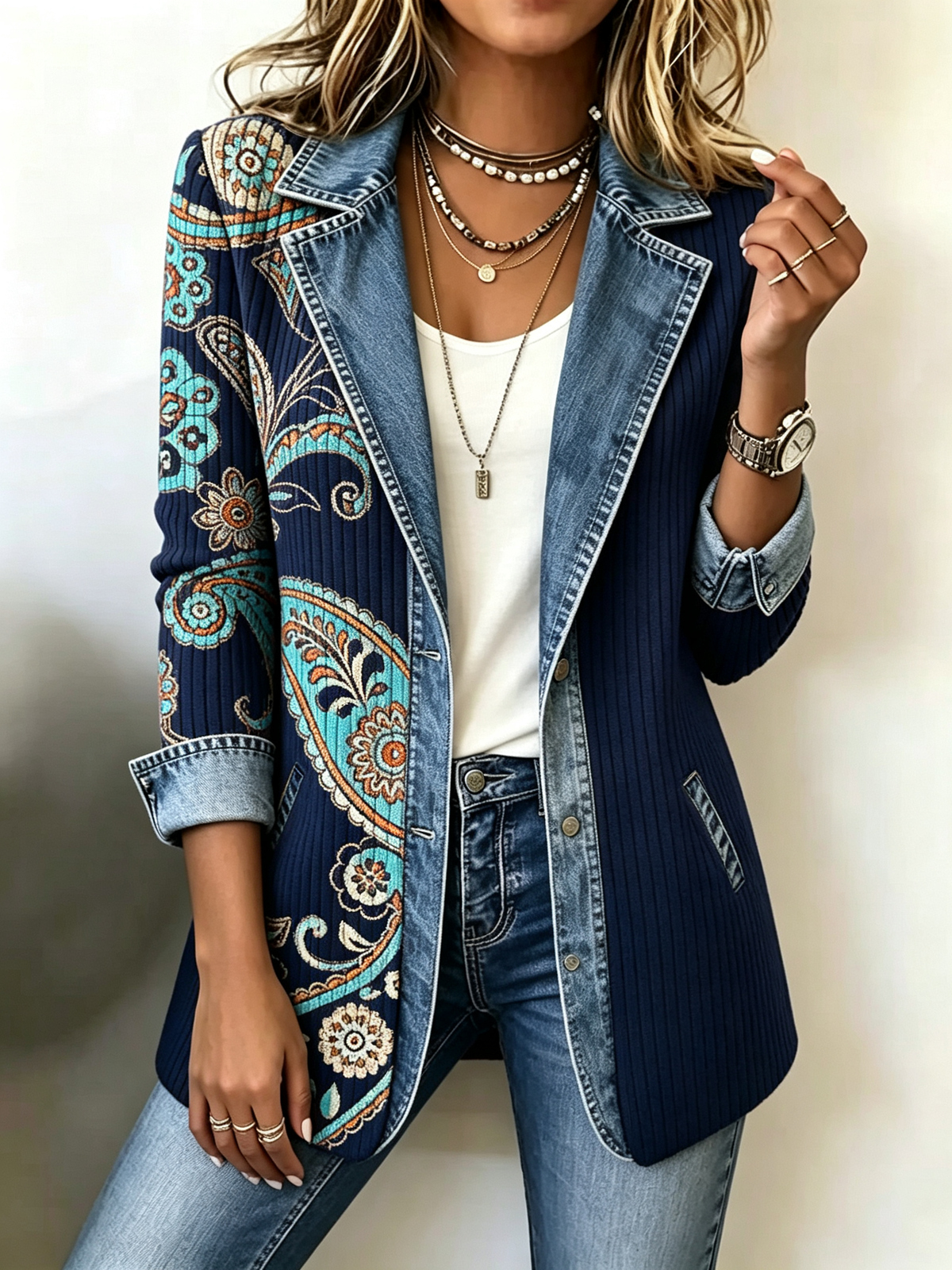 🍁 Women’s Autumn Casual Knit Jacket Paisley Print Denim Trim Blazer Coat