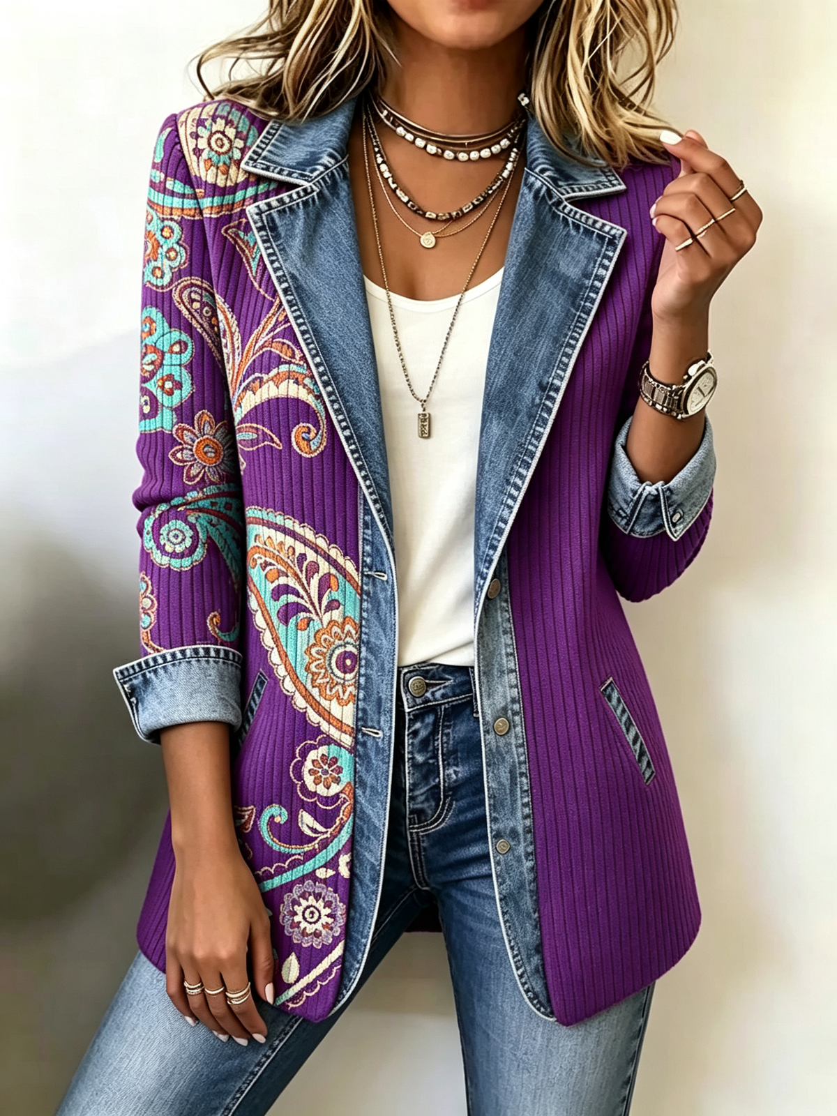 🍁 Women’s Autumn Casual Knit Jacket Paisley Print Denim Trim Blazer Coat