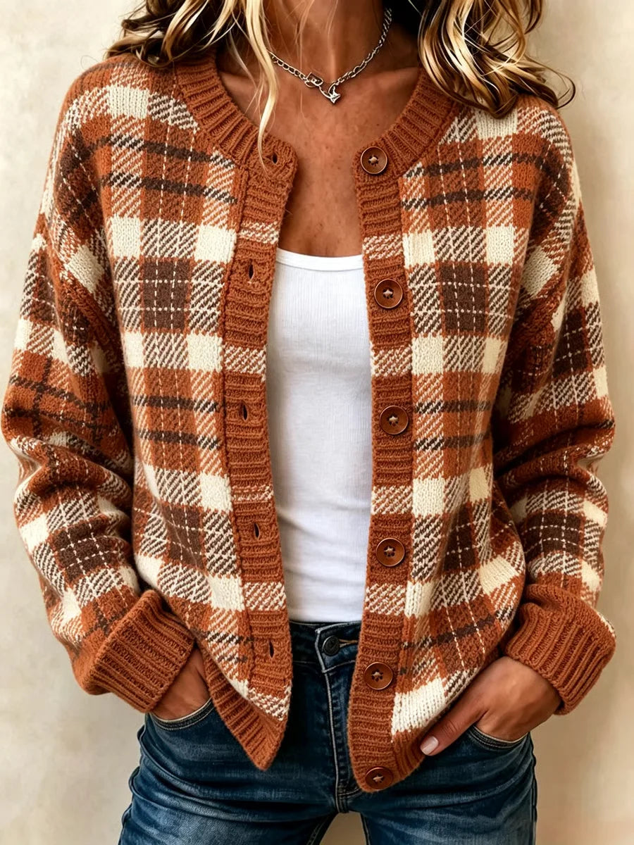 🍁 Women’s Autumn Casual Plaid Sweater Button Front Long Sleeve Knit Cardigan Top