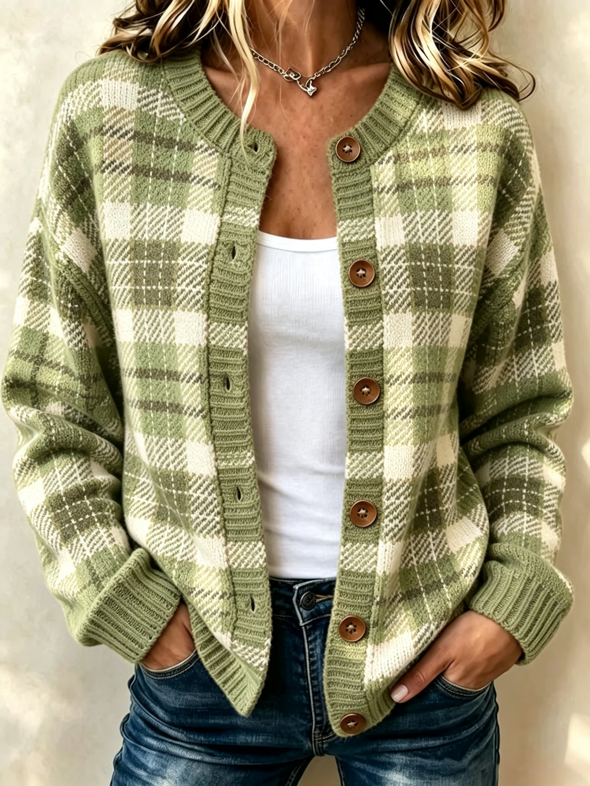 🍁 Women’s Autumn Casual Plaid Sweater Button Front Long Sleeve Knit Cardigan Top
