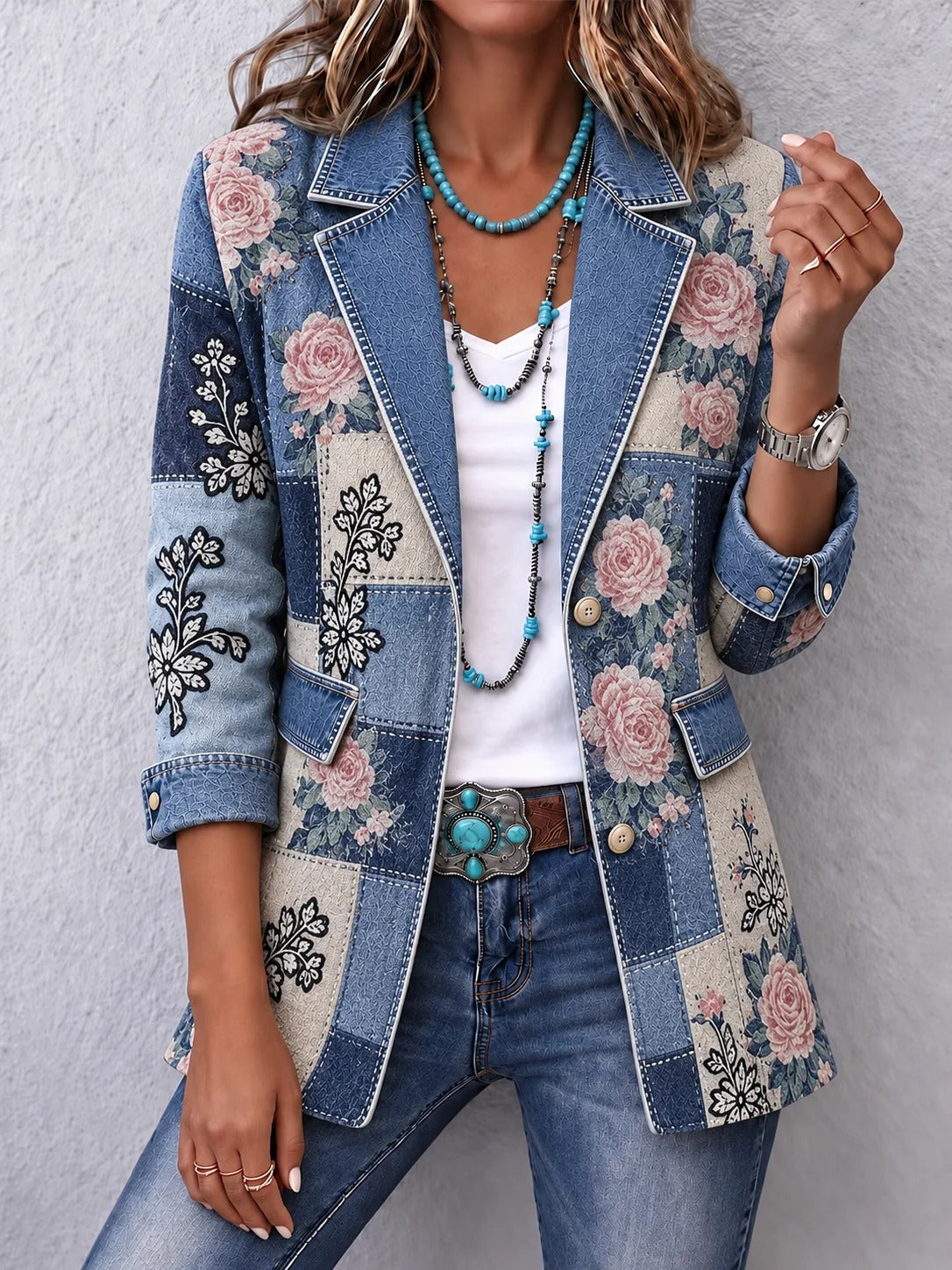 ✨Women’s Autumn Casual Jacket Floral Print Denim Patchwork Long Sleeve Outerwear
