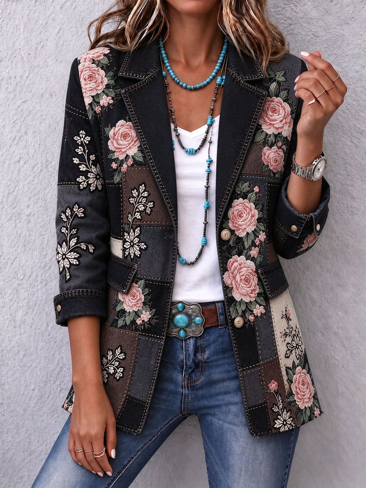 ✨Women’s Autumn Casual Jacket Floral Print Denim Patchwork Long Sleeve Outerwear