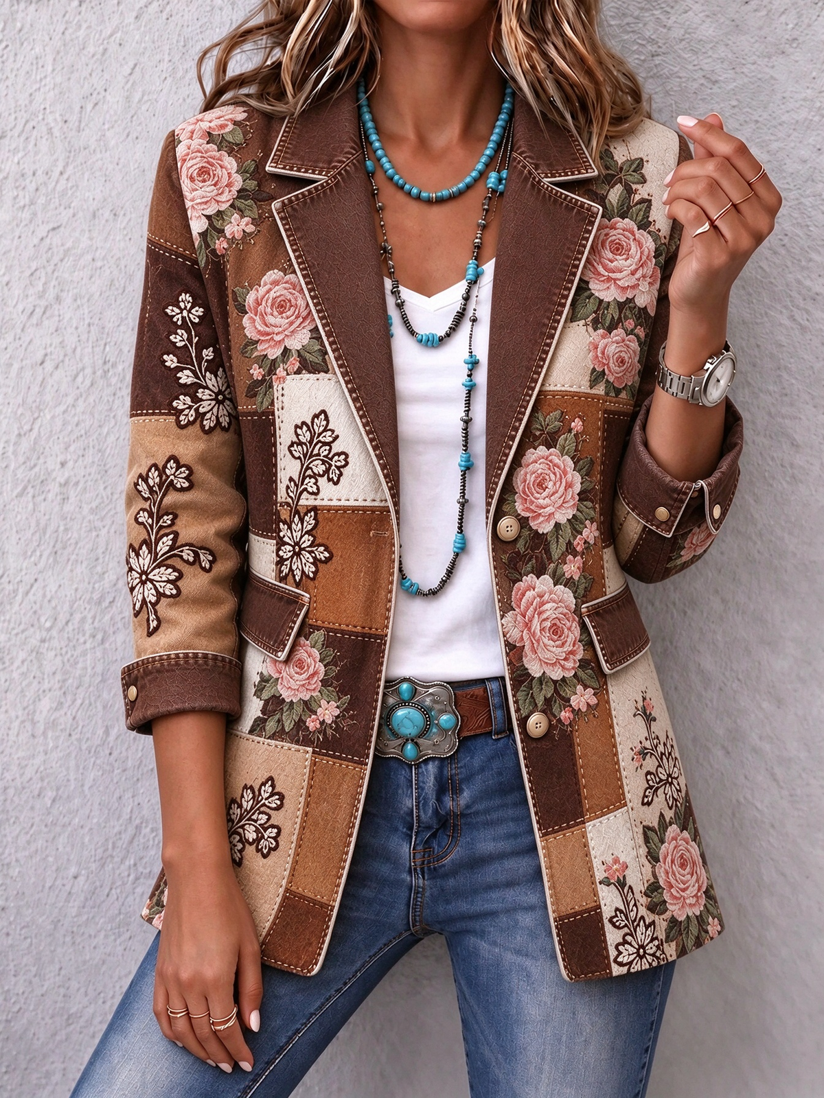✨Women’s Autumn Casual Jacket Floral Print Denim Patchwork Long Sleeve Outerwear