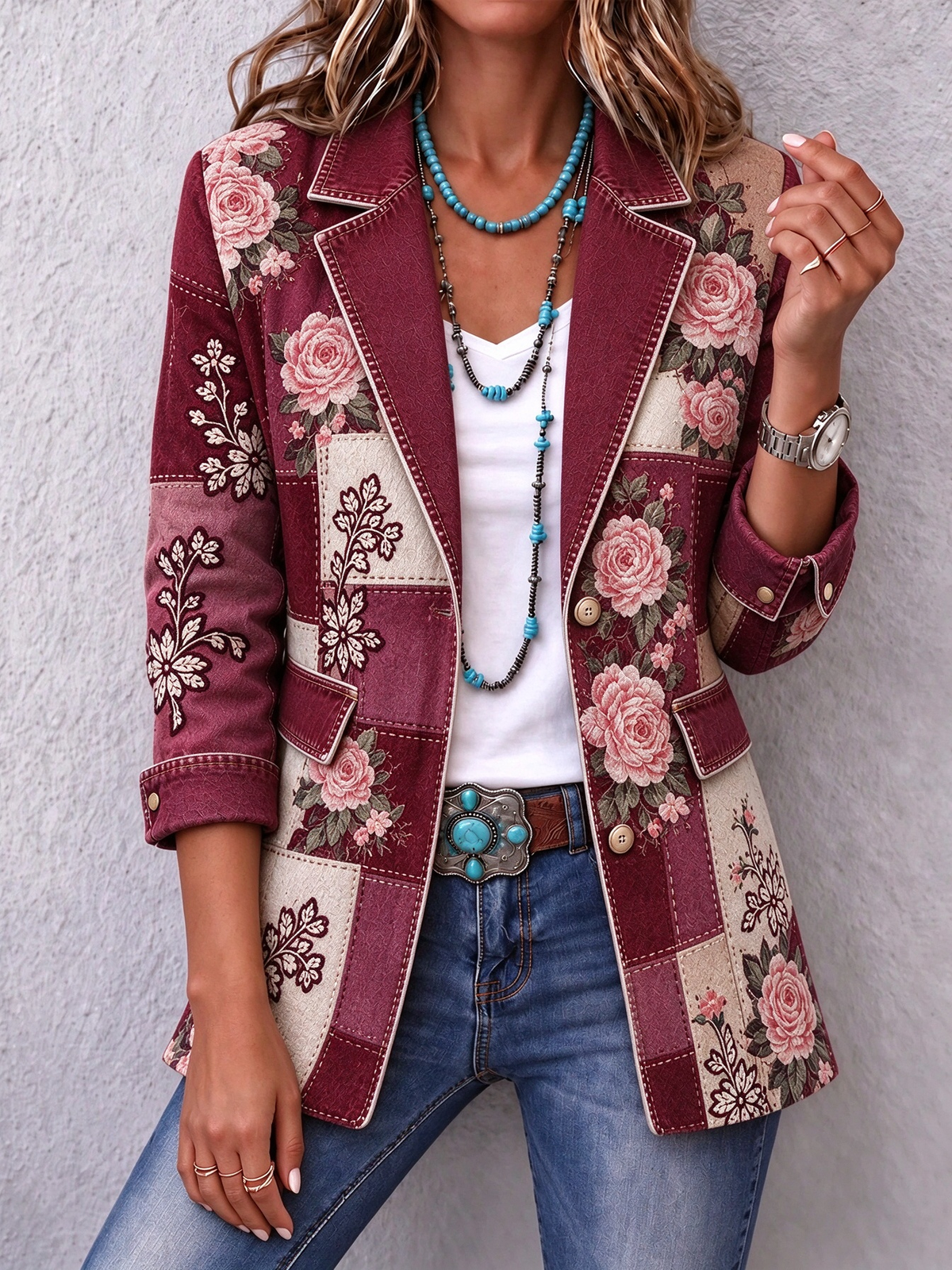 ✨Women’s Autumn Casual Jacket Floral Print Denim Patchwork Long Sleeve Outerwear