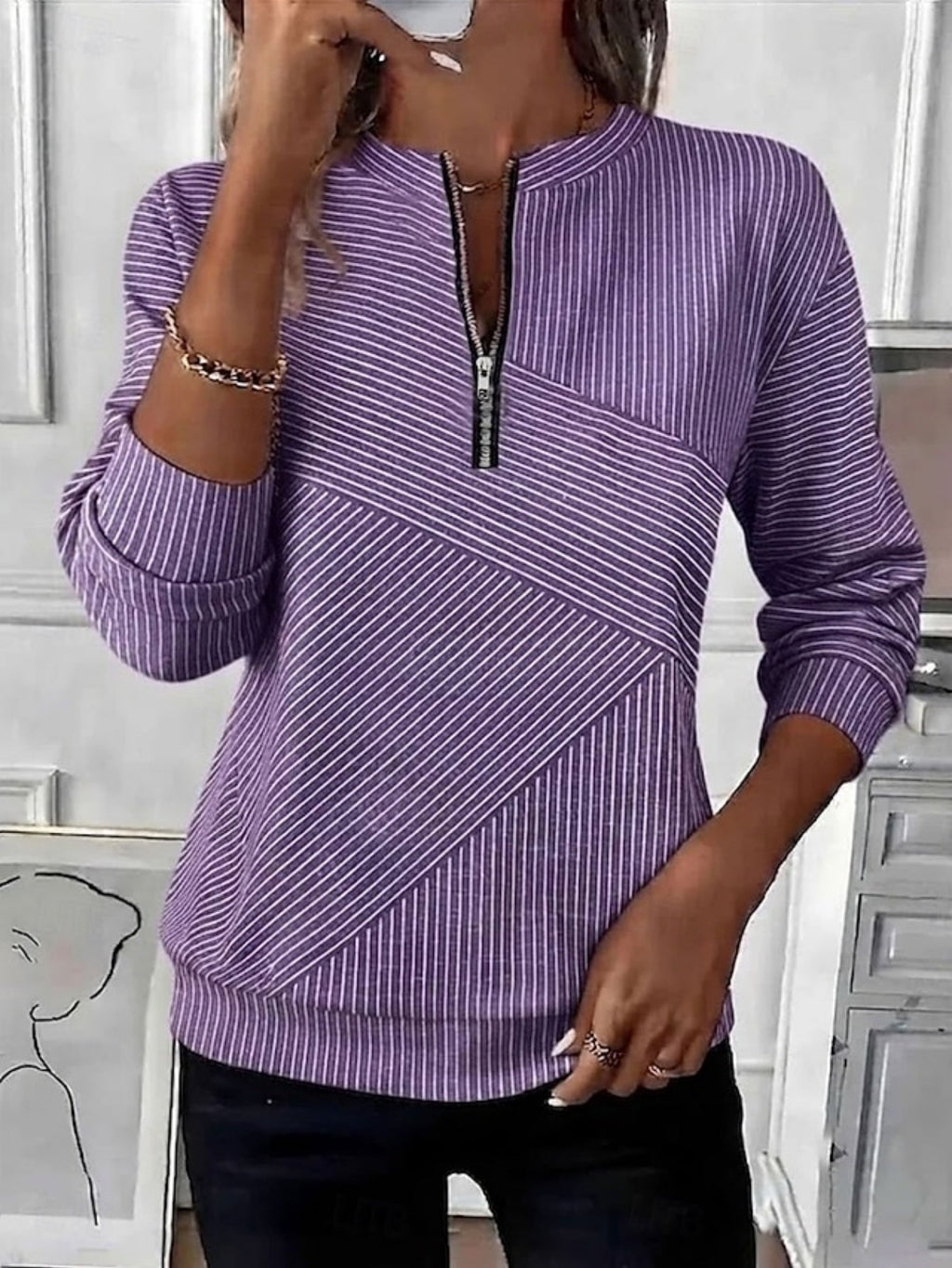 🔥❤️‍Black Friday Best-Sellers🎃❤️‍ ✨Striped Half-Zip Round Neck Top