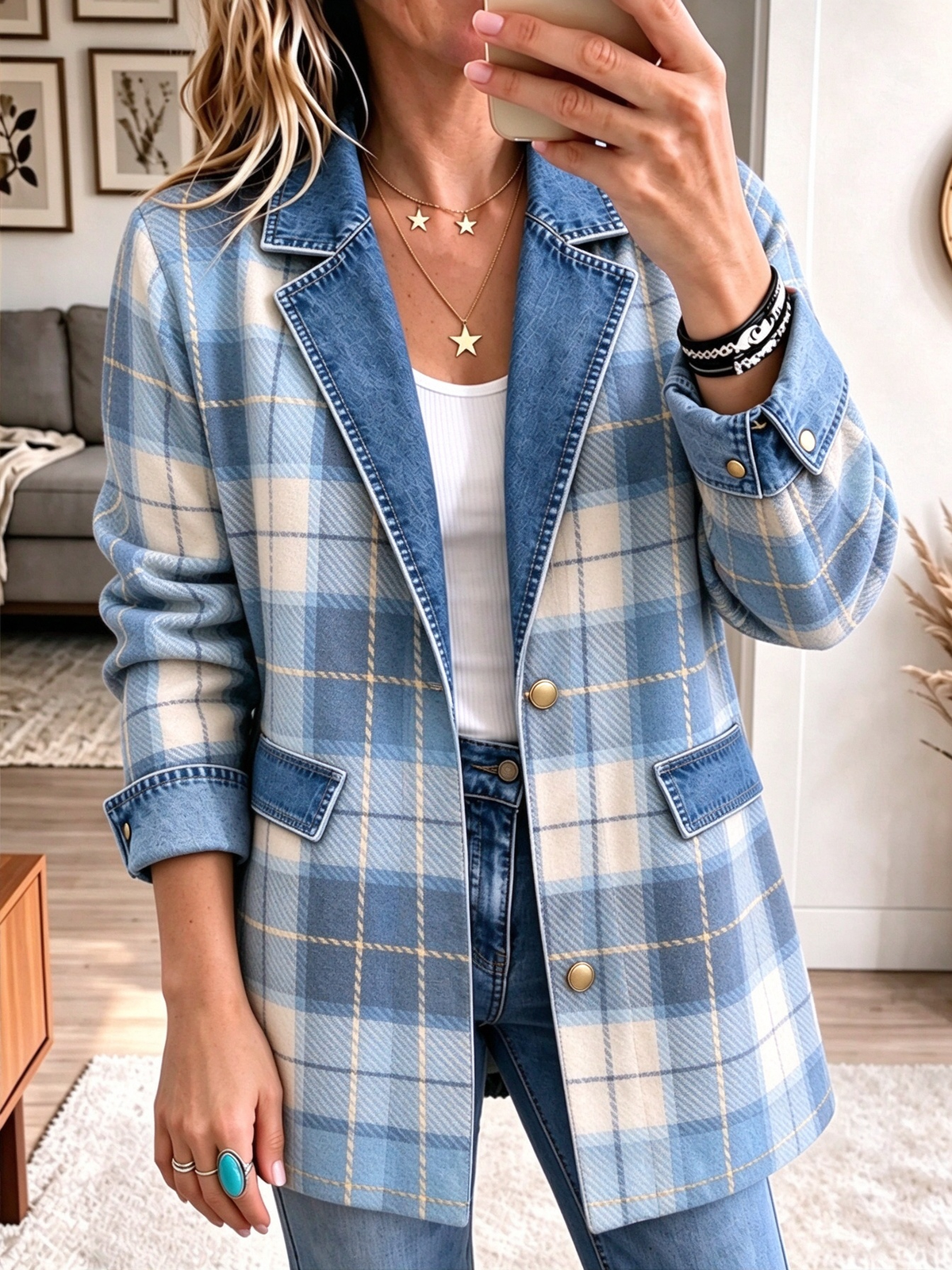 ✨Women’s Autumn Denim Patchwork Plaid Jacket Long Sleeve Button Front Blazer Coat