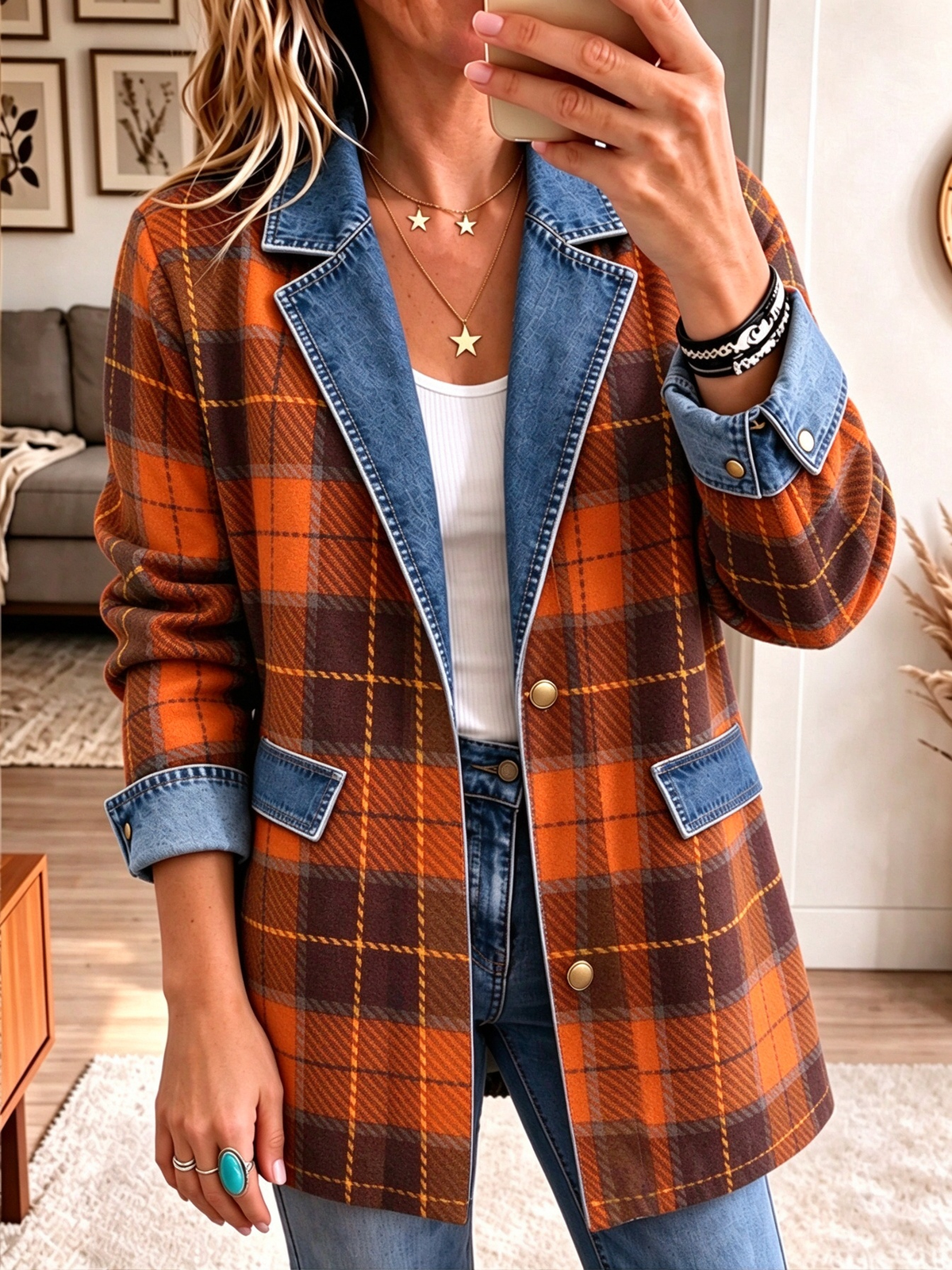 ✨Women’s Autumn Denim Patchwork Plaid Jacket Long Sleeve Button Front Blazer Coat