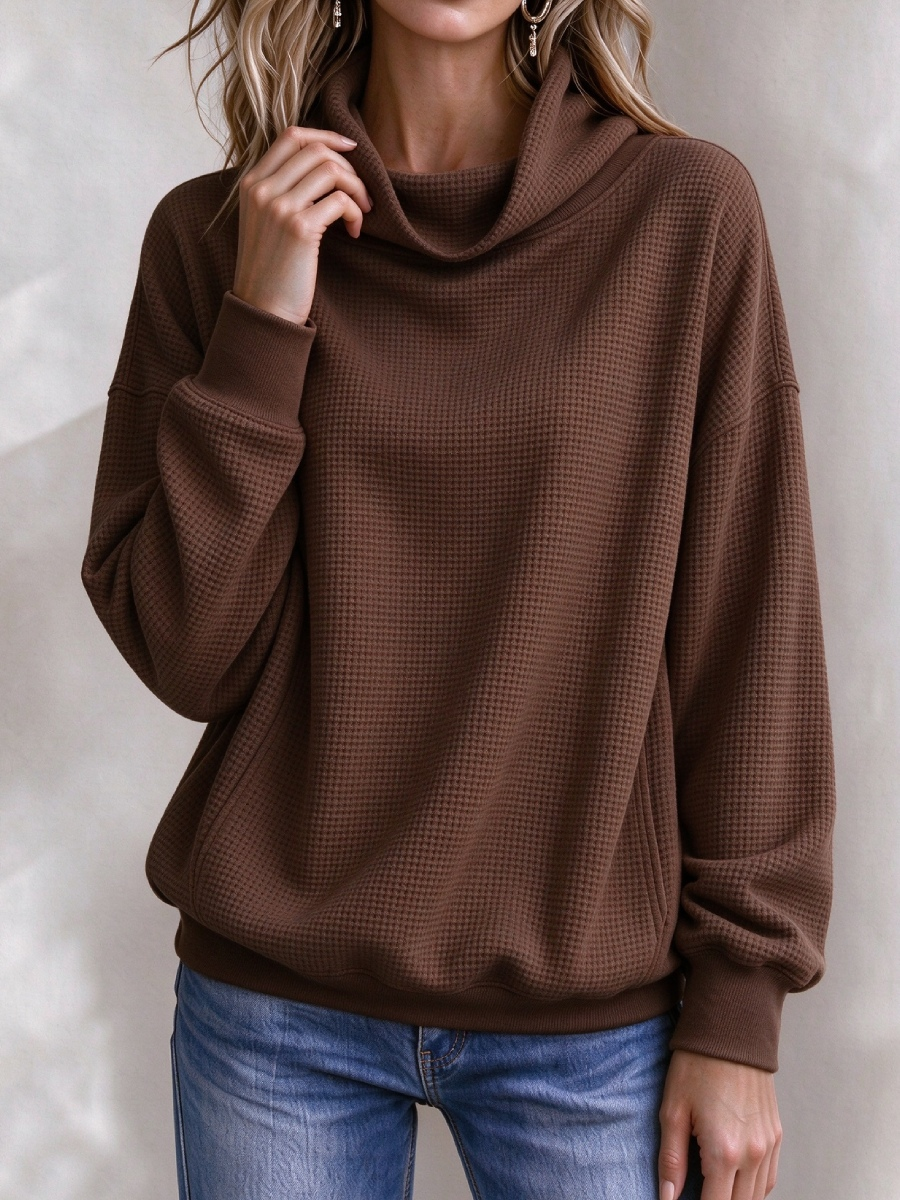 Women’s Waffle Knit Cowl Neck Pullover Sweater – Casual Loose Long Sleeve Turtleneck Sweatshirt