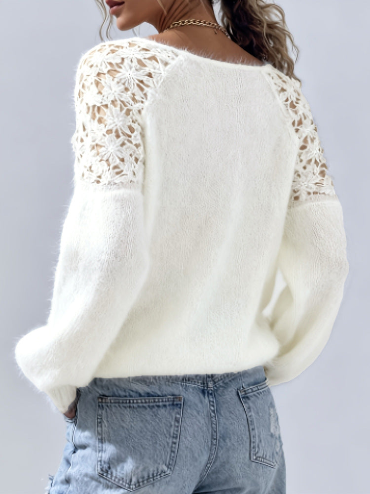 Women’s Hollow Lace Patchwork Sweater Off Shoulder Long Sleeve Loose Knit Top