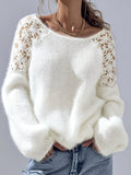 Women’s Hollow Lace Patchwork Sweater Off Shoulder Long Sleeve Loose Knit Top