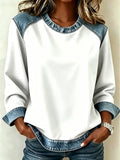 Color Block Denim Patchwork Crew Neck Long Sleeve Blouse