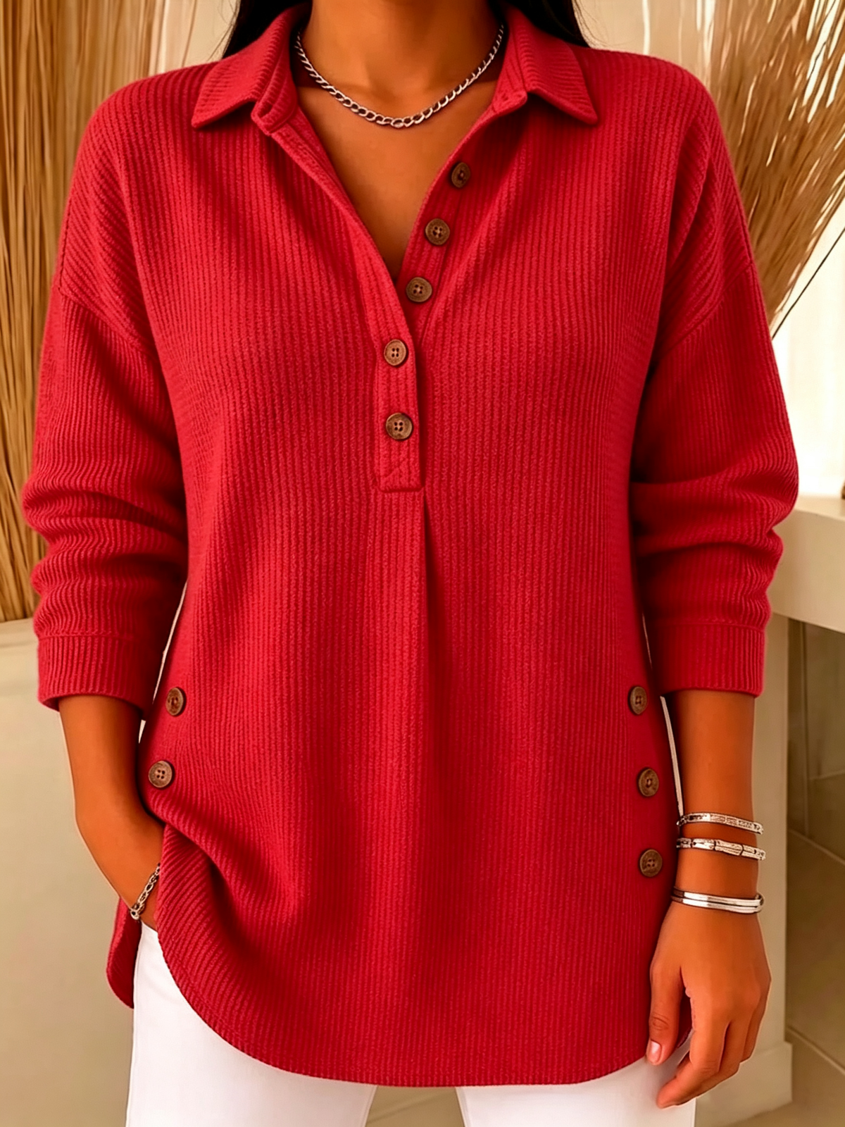 Women's Ribbed Knit Lapel Collar Tops - Casual V-Neck Button Down Shirts with Decorative Side Buttons(📦Buy 2 Free Shipping & 10% OFF)