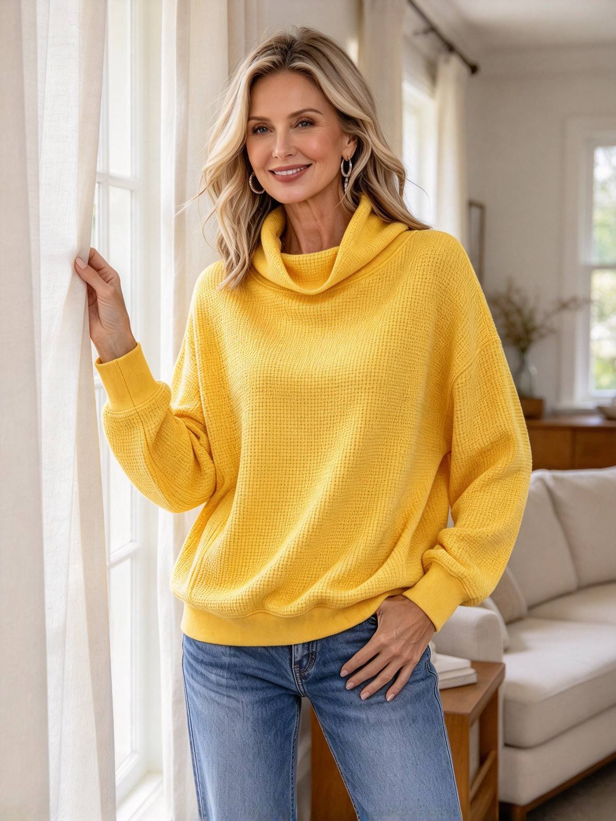 Women’s Waffle Knit Cowl Neck Pullover Sweater – Casual Loose Long Sleeve Turtleneck Sweatshirt