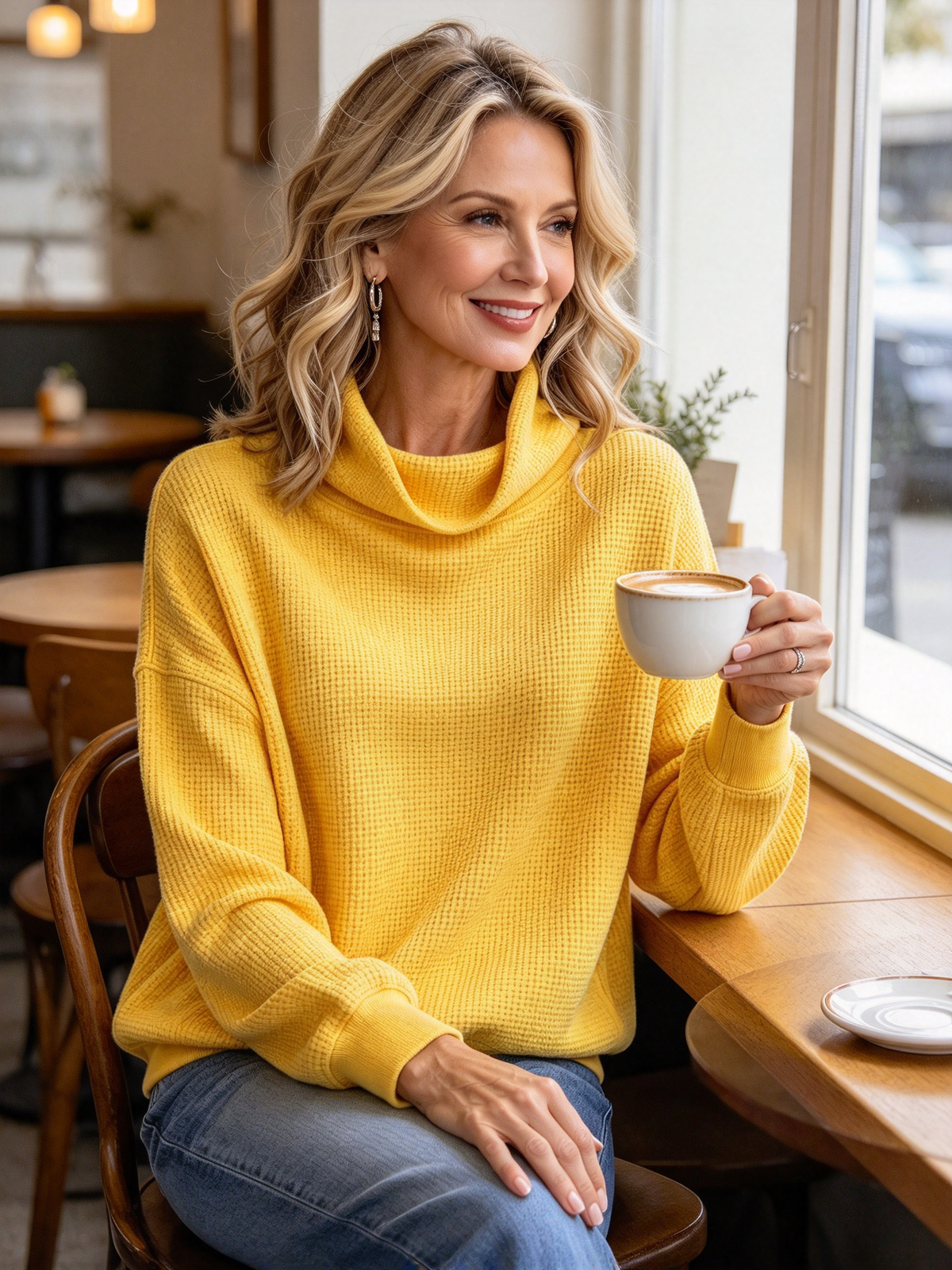 Women’s Waffle Knit Cowl Neck Pullover Sweater – Casual Loose Long Sleeve Turtleneck Sweatshirt