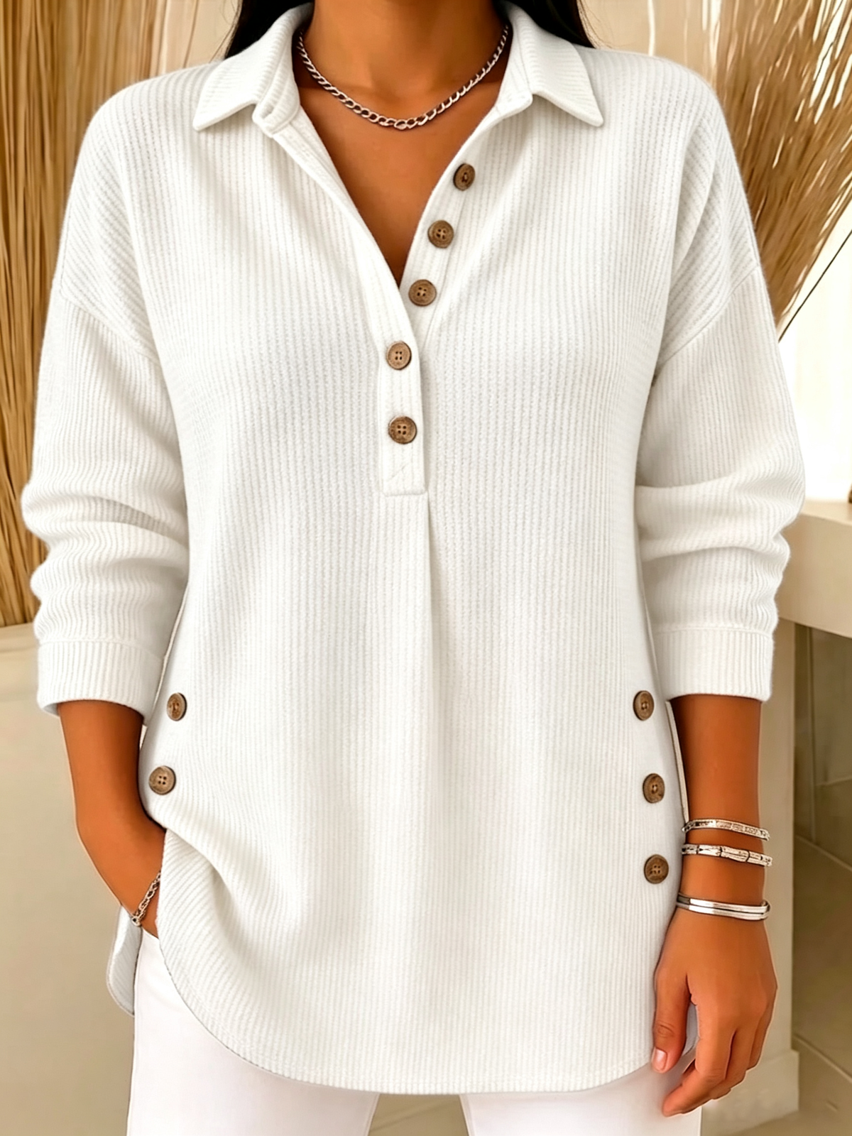 Women's Ribbed Knit Lapel Collar Tops - Casual V-Neck Button Down Shirts with Decorative Side Buttons(📦Buy 2 Free Shipping & 10% OFF)