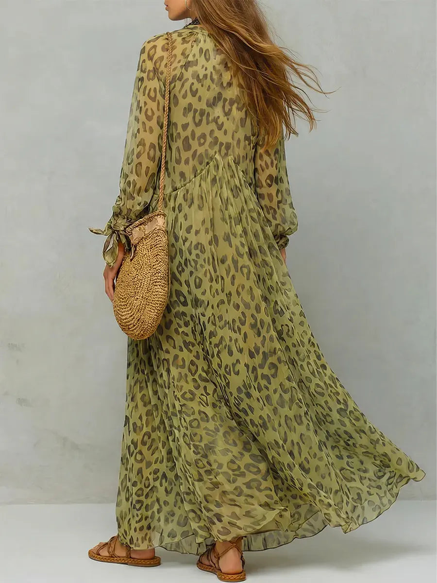 Women's Retro Leopard Pattern Art Print Casual Stylish Maxi Dress