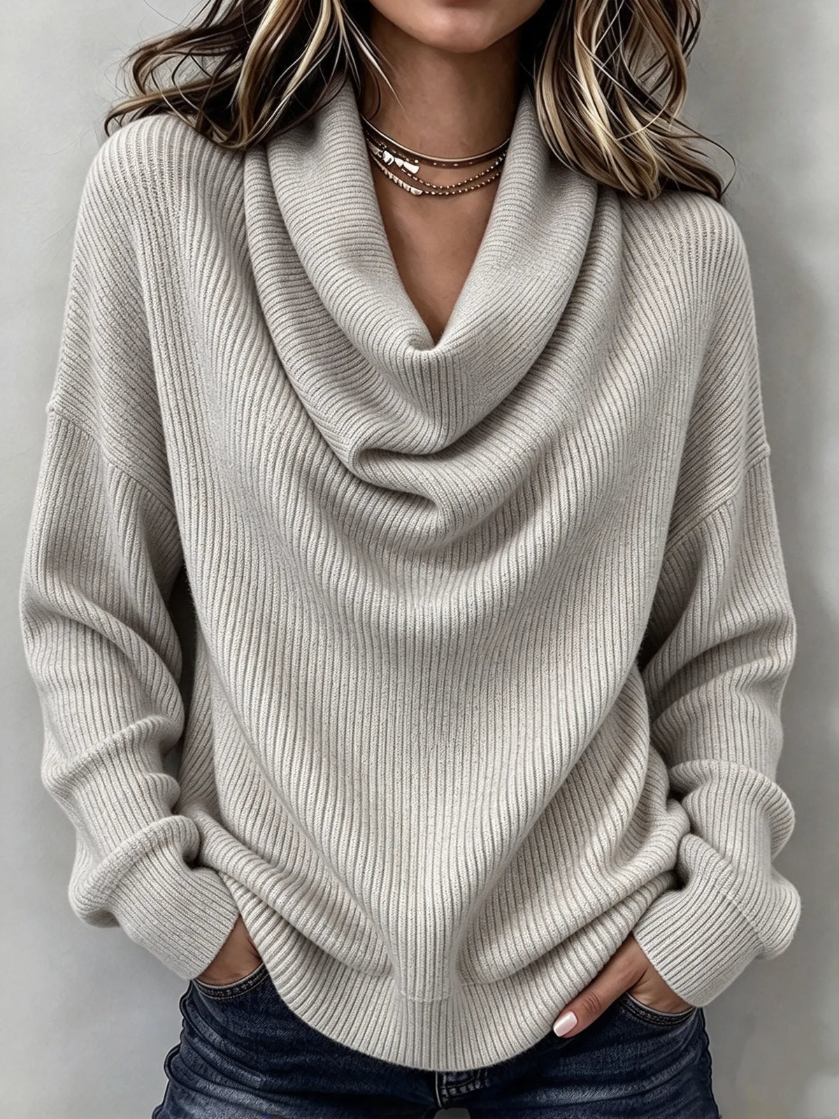 Women's Cowl Neck Knit Sweater, Long Sleeve Solid Pullover Top
