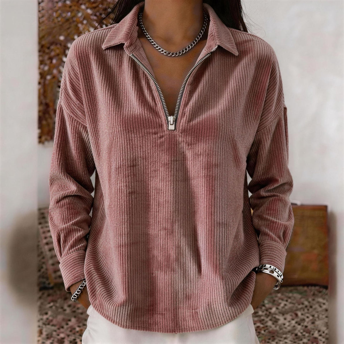 Women's Corduroy Shirt Zipper Daily Long Sleeve V Neck Regular Tops