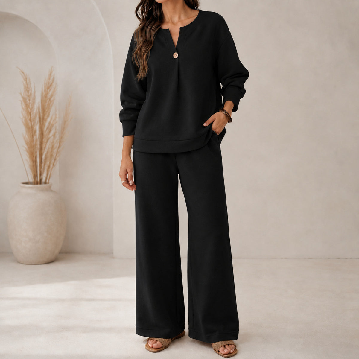 Women's Pants Sets Long Sleeve V Neck Plain Vacation Daily Casual Daily