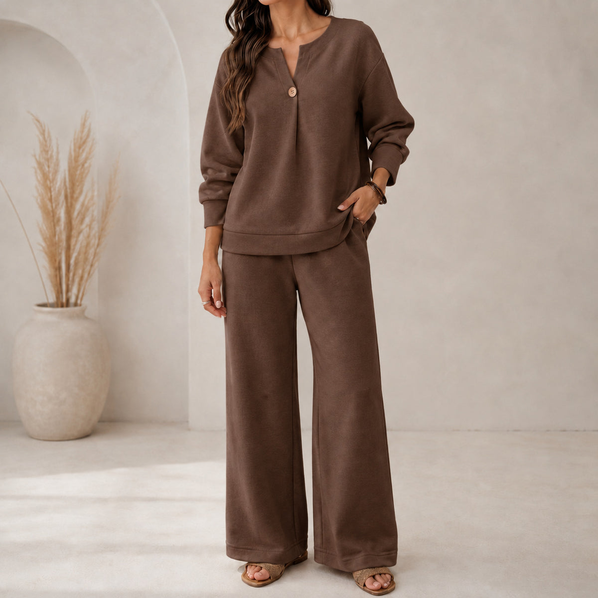 Women's Pants Sets Long Sleeve V Neck Plain Vacation Daily Casual Daily