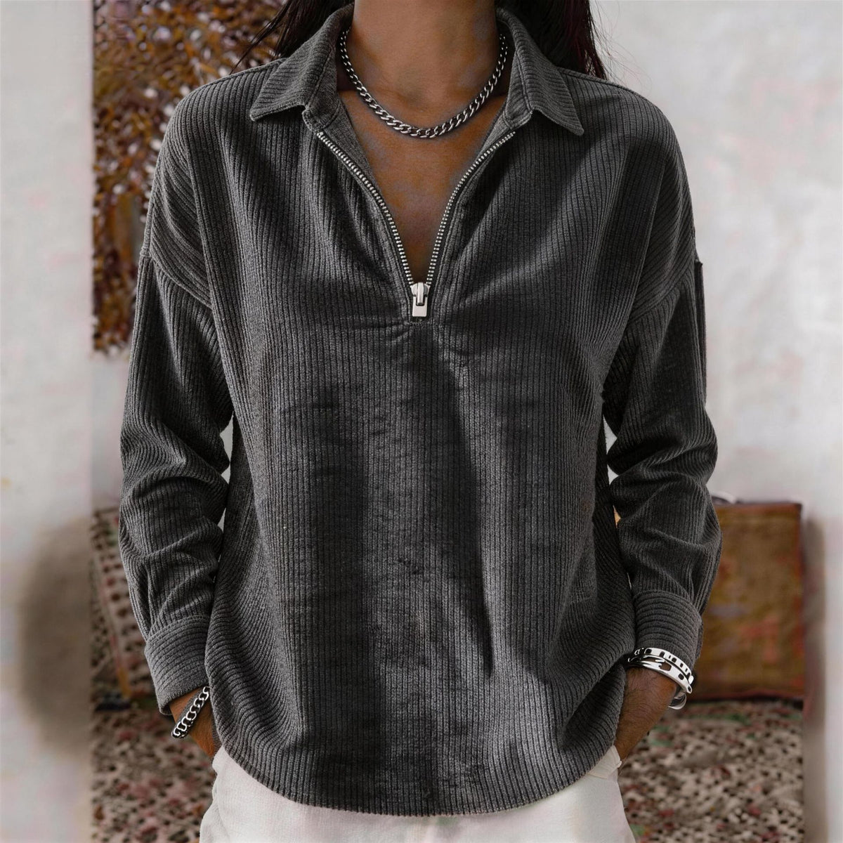 Women's Corduroy Shirt Zipper Daily Long Sleeve V Neck Regular Tops