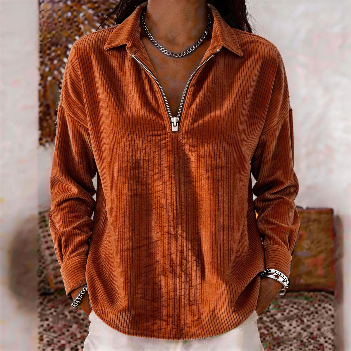 Women's Corduroy Shirt Zipper Daily Long Sleeve V Neck Regular Tops