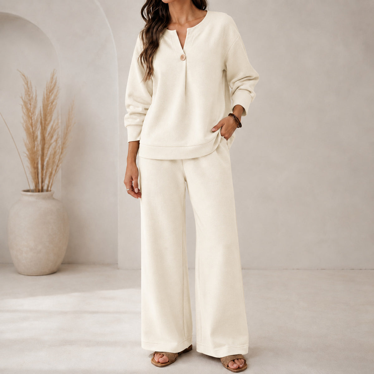 Women's Pants Sets Long Sleeve V Neck Plain Vacation Daily Casual Daily