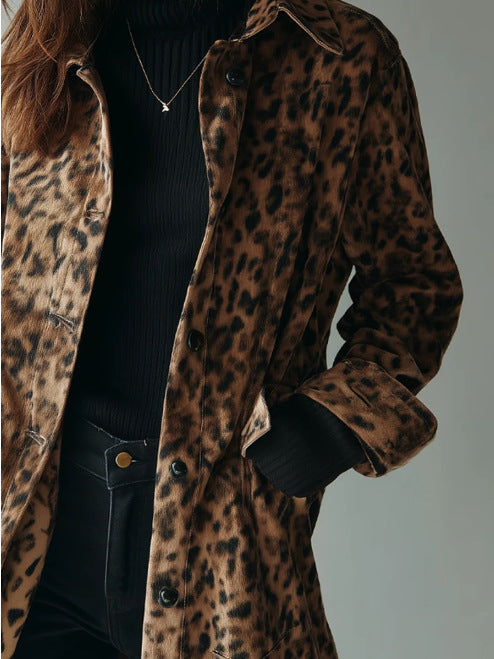 Vintage Leopard Print Lapel Single-Breasted Mid-Length Coat