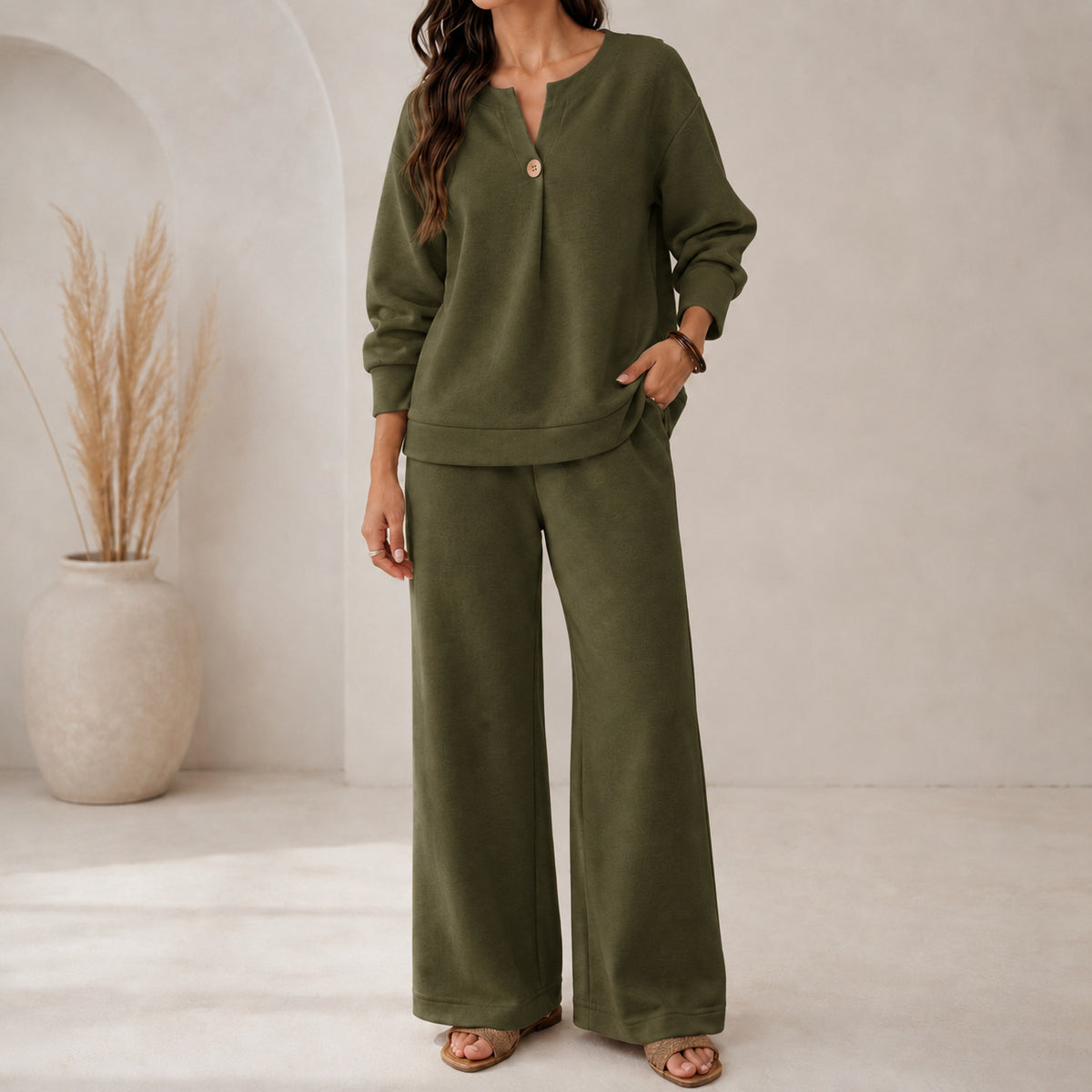 Women's Pants Sets Long Sleeve V Neck Plain Vacation Daily Casual Daily