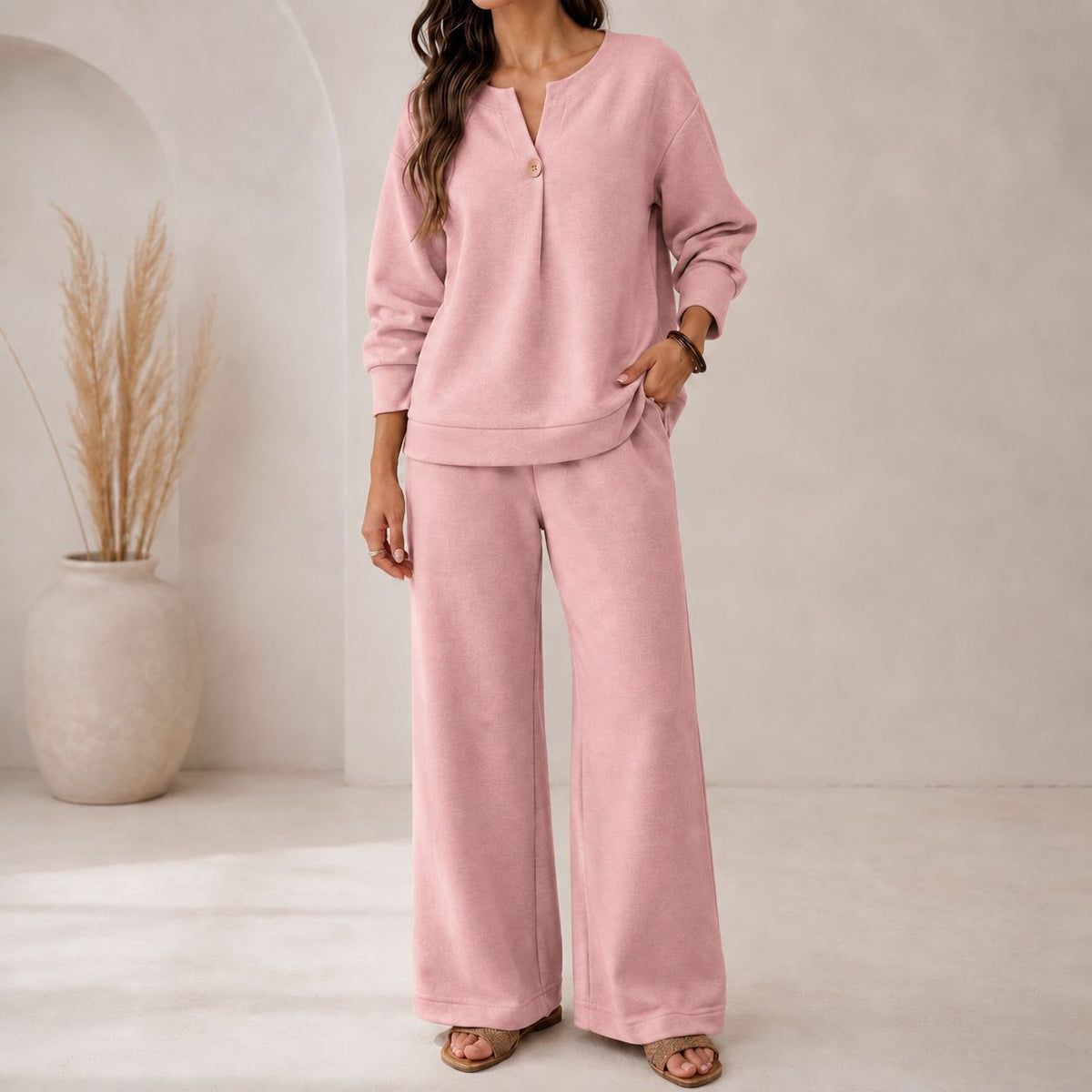 Women's Pants Sets Long Sleeve V Neck Plain Vacation Daily Casual Daily